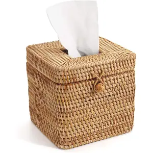 Square Woven Decorative Tissue Box Cover 5.7" x 5.7" x 5", Natural Color Facial Tissue Holder with Hinged Top Lid for Home Bathroom Decor