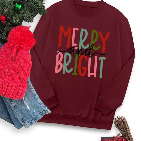 Women's Christmas Themed Letter Print Drop Shoulder Sweatshirt, Casual Long Sleeve Round Neck Pullover for Fall & Winter, Ladies Clothes for Daily Wear