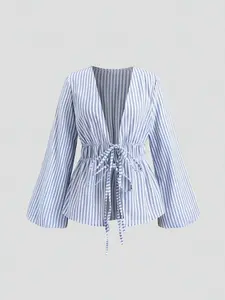 Women's Casual Striped Bow Waist Flare Sleeve Shirt, Office Commute Wear, All Seasons Fashion, Loose-Fitting Blouse
