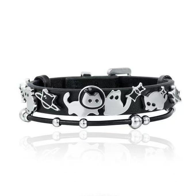 Y2K Cute Night Owl Cat Bracelet Sweet Cool Kitten Leather Bangle for Women Girls Unique Playful Jewelry Gift