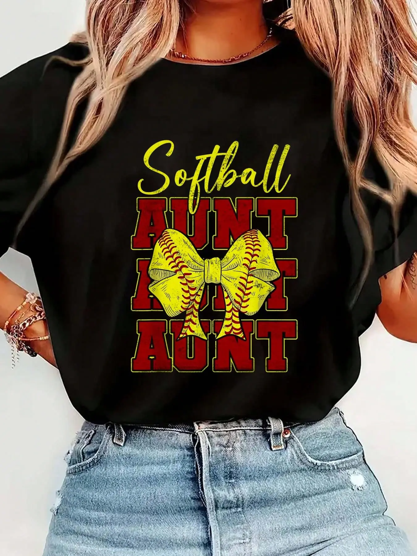 Women's Casual Softball Aunt Graphic T-Shirt - Colorful, Comfortable, Lightweight, Vintage Coquette Bow Design, Round Neck, Short Sleeve, Ideal for Sport Lovers, Mothers Day Gift, Piece, Style, Tee