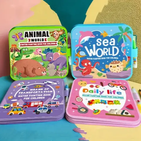 Kids' 4-Pack Reusable Water Magic Painting Book Set - Cartoon Themed (Animals & Seas, Transportation, Daily Life), Mess-Free Art Supplies with Reusable Pens, for Art Learning, Entertainment, Cognitive Development, Ideal Gift