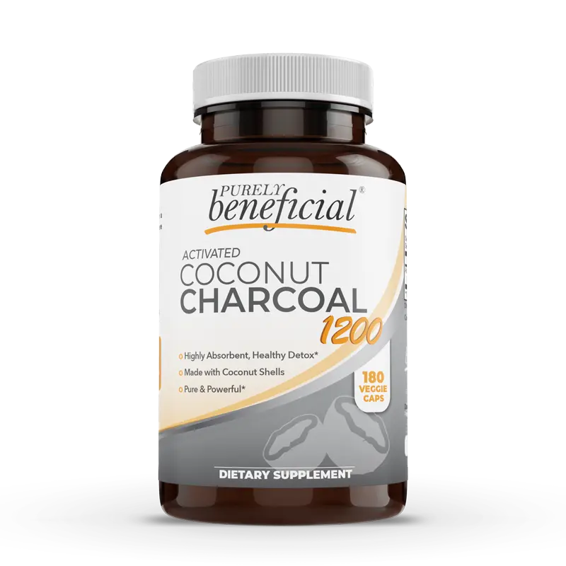 PURELY beneficial Activated Coconut Charcoal 1200mg, 180 Capsules - Pills for Digestive System, Bloating, Vegan (1bottle)