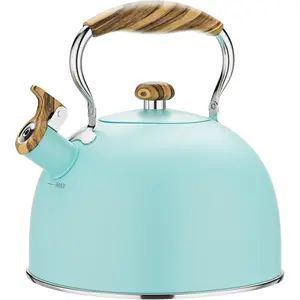 2.6 Quart Whistling Stovetop Tea Kettle Food Grade Stainless Steel with Cool Wood Pattern Handle Blue