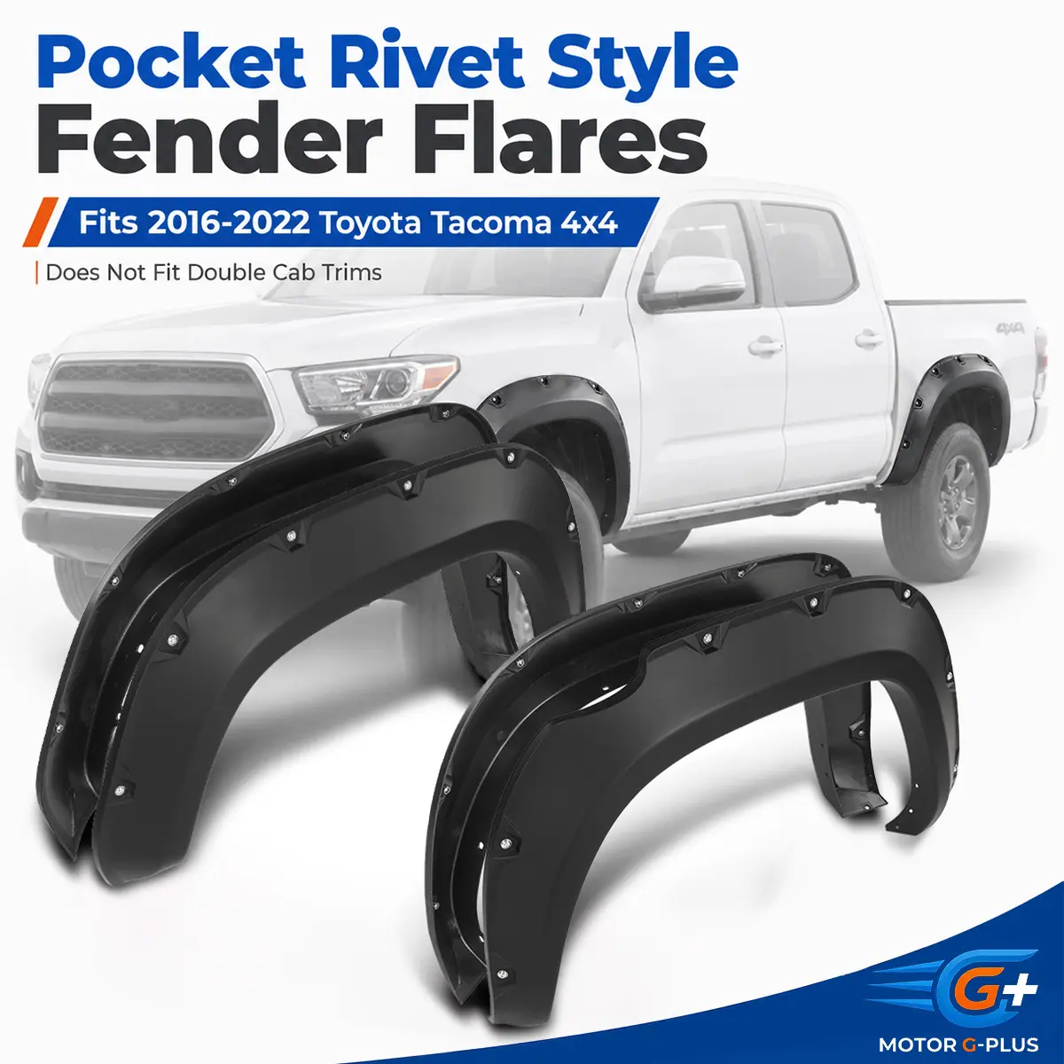 MOTOR GPLUS Pocket Rivet Injection-Molded Truck Wheel Fender Flares - 4x Flare Coverage, Smooth Design Car Exterior Accessories, Durable & UV Stable Rocksplash Guard for 16-22 Toyota Tacoma 4x4, Mud Flap & Aftermarket Tires/Wheels Compatible, Protection