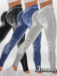 women's denim-effect print high waist sports leggings, casual comfy breathable slim seamless skinny pants for yoga gym workout, ladies tight athletic sportswear for all seasons, womenswear, activewear