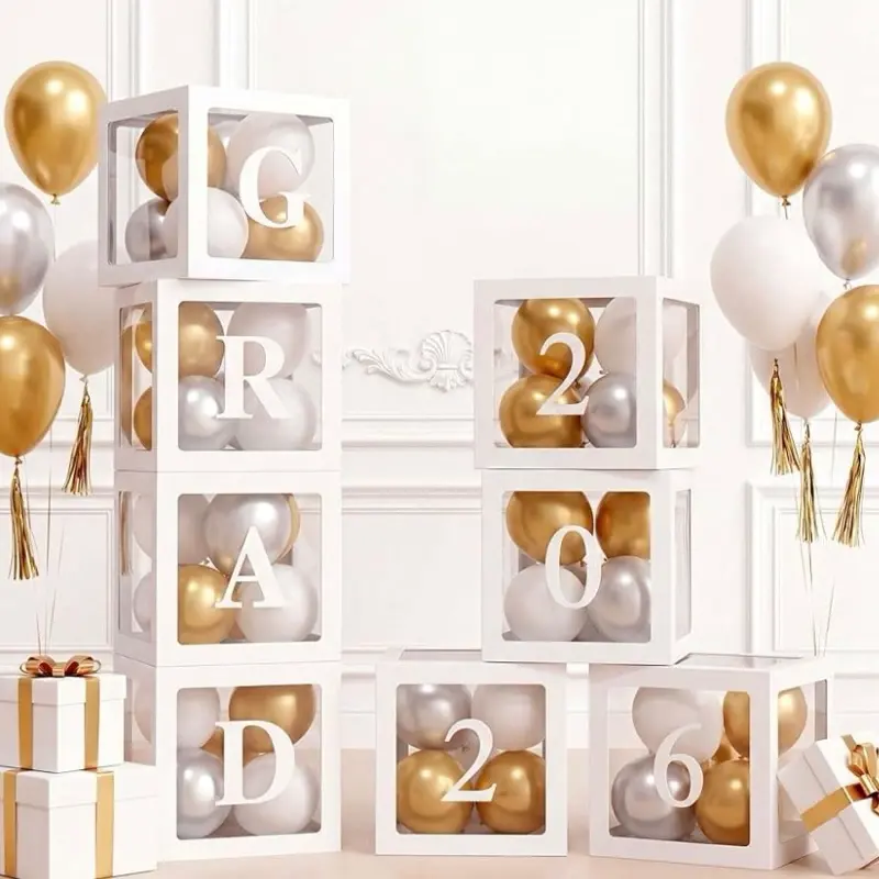 Ledido 2026 Graduation Balloon Boxes Decorations, 4 Pieces White Clear Grad Balloon boxes with Letters, Class of 2026 Graduation Party Supplies for College, High School, Prom, Birthday, Baby Shower