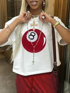 Women's Billiard Print Drop Shoulder Tee, Fashion Casual Streetwear Short Sleeve Round Neck T-shirt for Daily Holiday Vacation Outdoor Wear, Ladies Clothes for Summer, Clothing