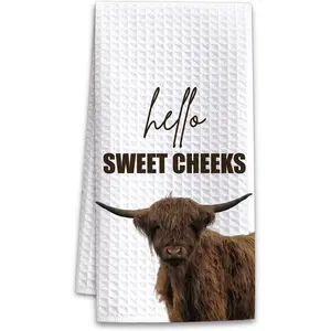 Highland cow bathroom decor hand towels, farmhouse bathroom decor towel, Western  decoration Hello Sweet Cheeks Farmhouse Cow Decorative Hand Towels, highland cow decor gifts, Set of 1 -A04