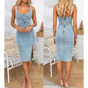 EncoLax Denim Dress for Women Sleeveless Side Slit Bodycon Midi Jean Dresses for Women SpringStatements