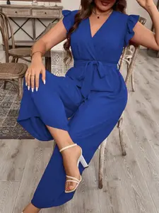 Elegant Plus Size Women's Ruffle Sleeve V-Neck Waist Cinching Belt Wide Leg Jumpsuit, Fitted Solid Color Long Pants, Casual Fashion