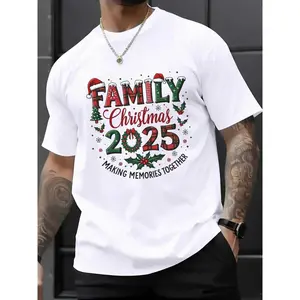 Men's 2025 Christmas Family Pattern T-Shirt Red and Green Text on White Holiday Short Sleeve Machine Washable Comfortable Lightweight Material Festive Heat Transfer Print Top