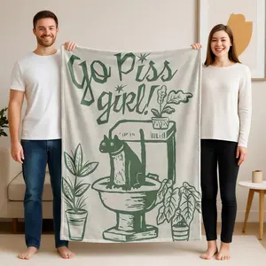 1 piece Cheer up girl with green plant decoration themed flannel blanket - Oversized fluffy flannel sofa blanket, suitable for beds and sofas, modern design, all-season use, digitally printed pattern, 100% polyester material, machine washable