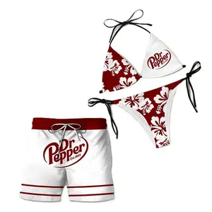 Dr Pepper Swimsuits For Couples - Swim Bra & Tie Side Thong Bikini + Men's Beach Shorts, Summer Vacation Swimsuit, Hawaiian Shirt Style, Aloha Beach Outfit, Casual Holiday Bathing Suits