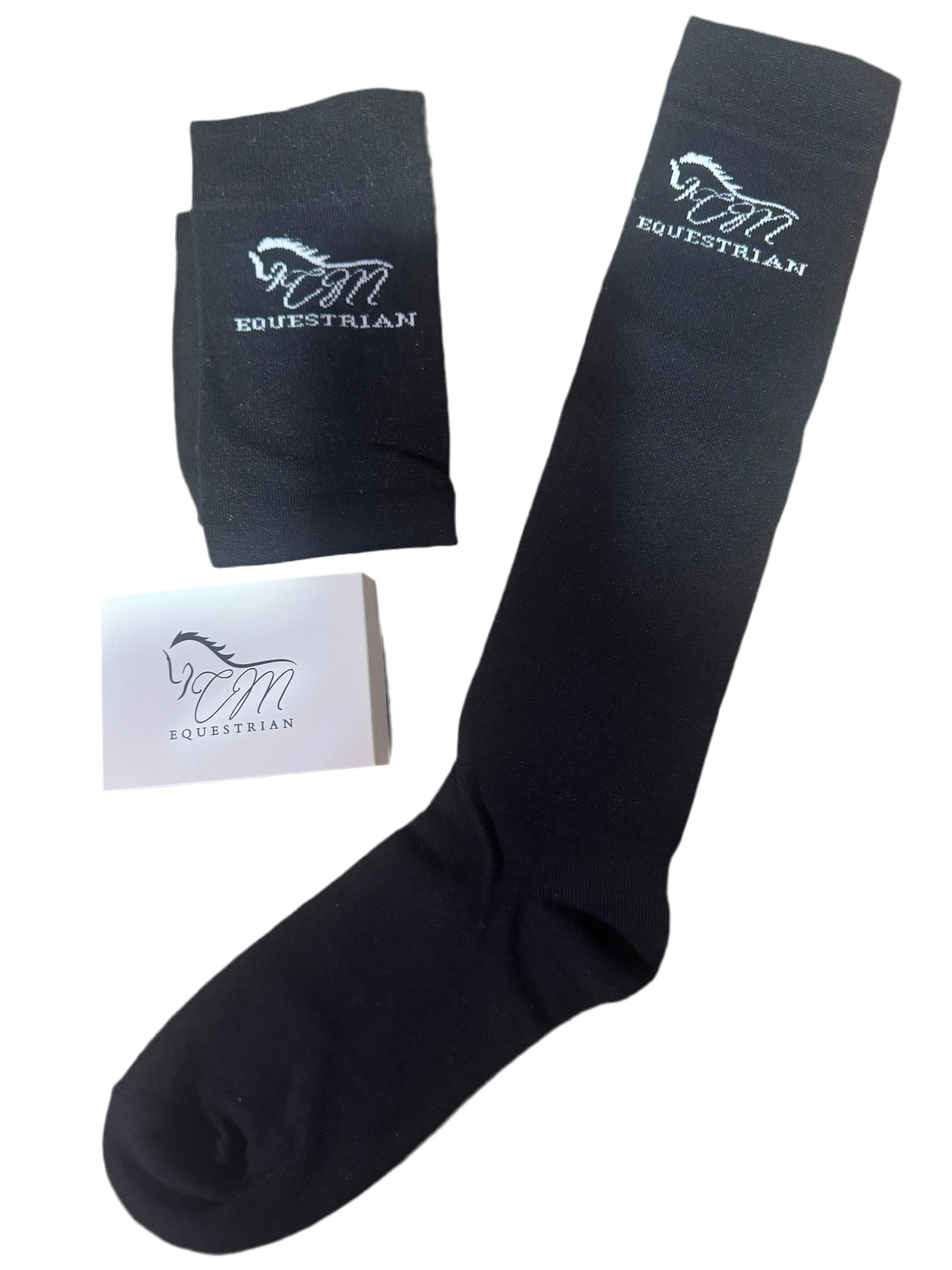 CM equestrian logo socks in black with White logo on the side tall women riding