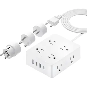 European Travel Plug Adapter, Olcorife Power Strip with EU UK US Plug Adapter, 8 Outlets 4 USB Ports with 5ft Extension Cord, International Power Adapter for US to Europe UK