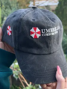 Umbrella Corporation Embroidered Washed Hat - Vintage Residence Evil Zombie Video Game Hat Design Embroidered Cap Merch - Casual Wear Washable Material Versatile for Everyday Use -  Horror Game Gifts