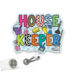 Housekeeper Badge Reel, Funny Housekeeping Squad Acrylic Retractable ID Holder with Clip, EVS Cleaning Crew Gift for Hotel Staff TZPJ