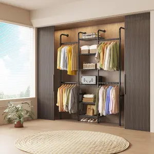 L3 Wall Mounted Pipe Closet System, Carbon Steel Wall-Mount Clothes Rack for Closet Storage, Expandable Rods 23.62"-35.43", 6 Wire Shelves