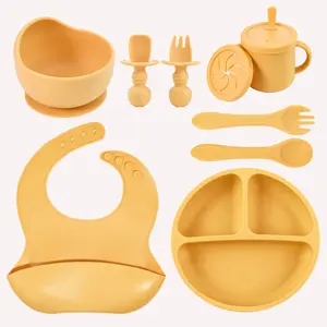 Baby Silicone Feeding Set - Suction Divided Plate, Bib, Utensils & Training Cup for Toddlers