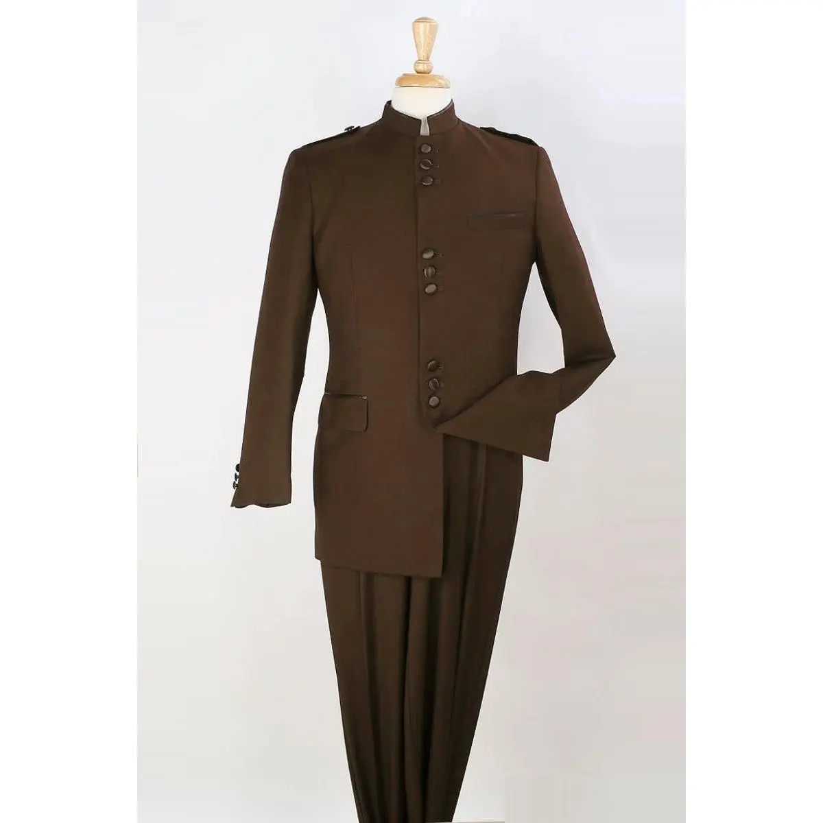Mens Classic Military Banded Collar Mandarin Safari Suit in Brown