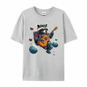 Astronaut Raccoon Playing Guitar Graphic T-Shirt, Cotton Comfort Tee, Whimsical Space Fashion Outfit, Cute Oversized Casual Tee, Ideal Birthday & Music Lover Gift for Him/Her