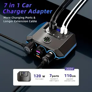 120W 7 In 1 Car Charger, PD 3 Socket Portable Chargers, Car Plug Splitter  Adapter 4 USB Ports With Separate Switch LED Voltage Display, 12/24V(3.3FT Cable), Car Essentials, Car Stuff
