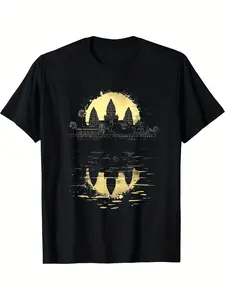 220GSM Pure Cotton Soft Stretchy Fabric - Men's & Women's Khmer Angkor Wat Ancient Temple T-Shirt - Black with Golden Sunrise & Angkor Wat Design - Unisex Casual & Travel Tee for Cambodia History