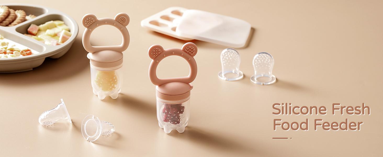 2 Pack Silicone Baby Fruit Feeder & Breastmilk Popsicle Mold with Mini Freezer Tray – Baby Teething Relief, Fresh Food Feeder Pacifier for Infant Self Feeding, Extra Food Pouches, Pink