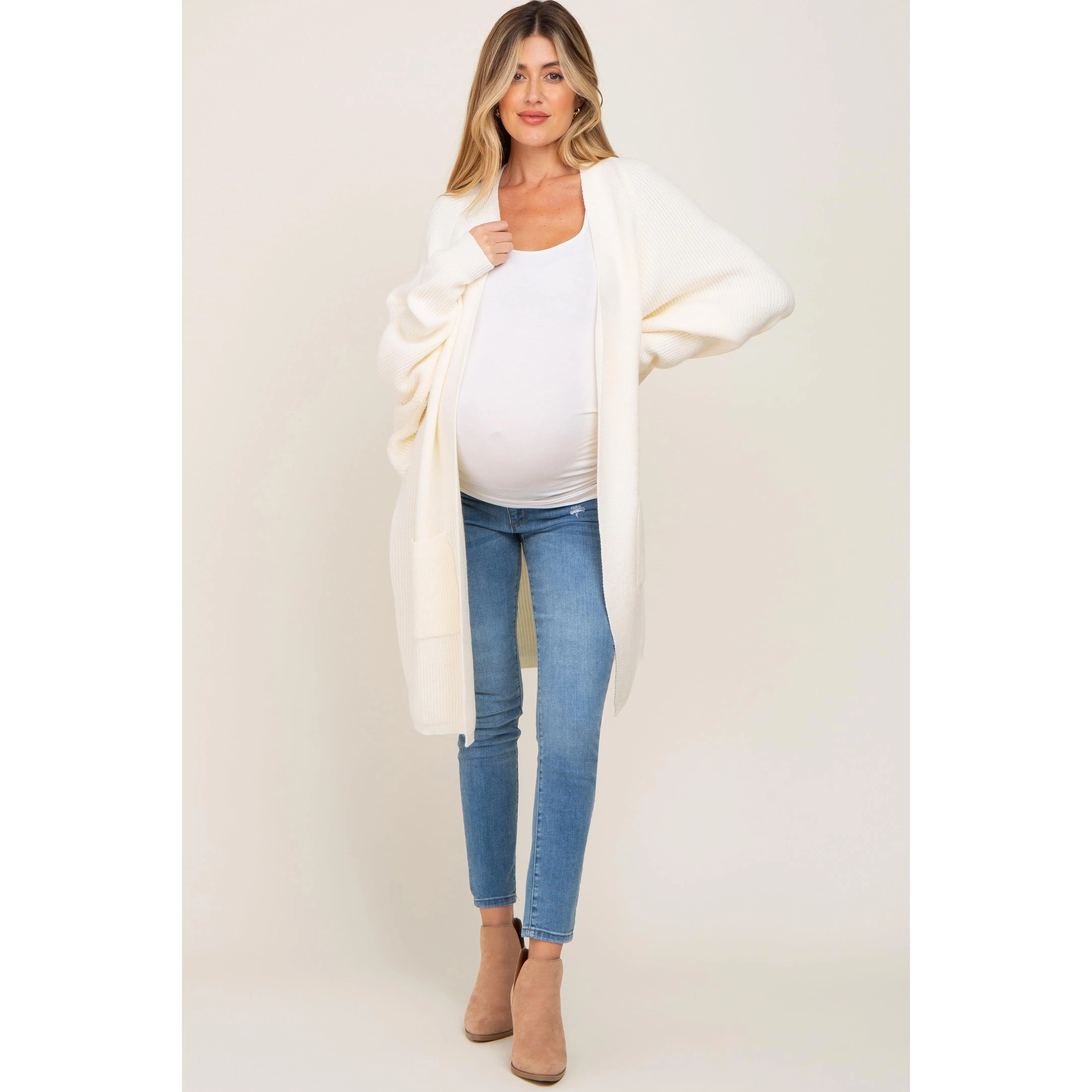 Cream Maternity Cardigan, Soft Open-Front Knit Sweater with Pockets, Bump Friendly Prenatal Clothing for Layering, Maternity Outfits, Prenatal Maternity Clothing