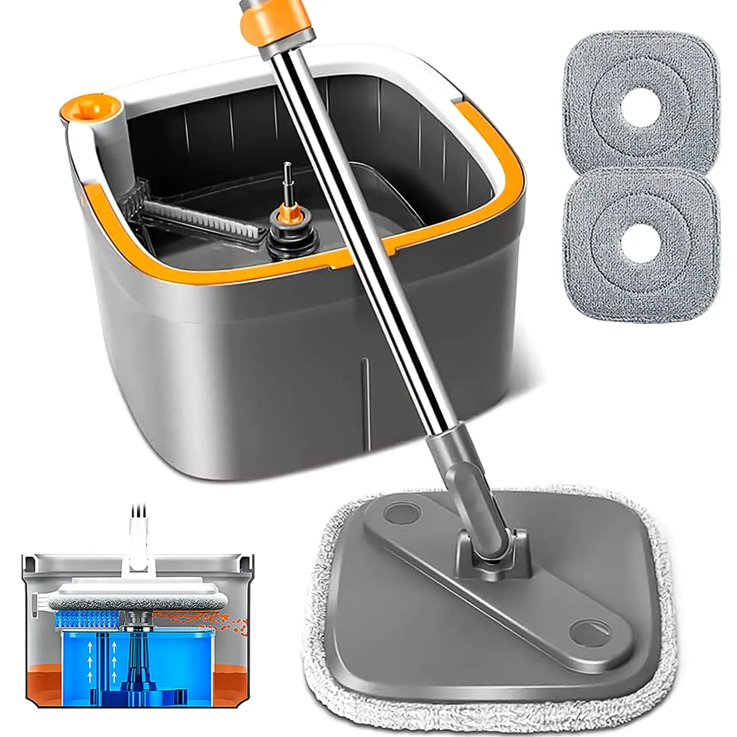 Spin Square Mop and Bucket Set M16 with 6 microfibra Replaceable Mop Pads with Self Separation Dirty and Clean Water System, Self Wringing 360° Rotating Mop-Head for Hardwood Tile Marble Floors