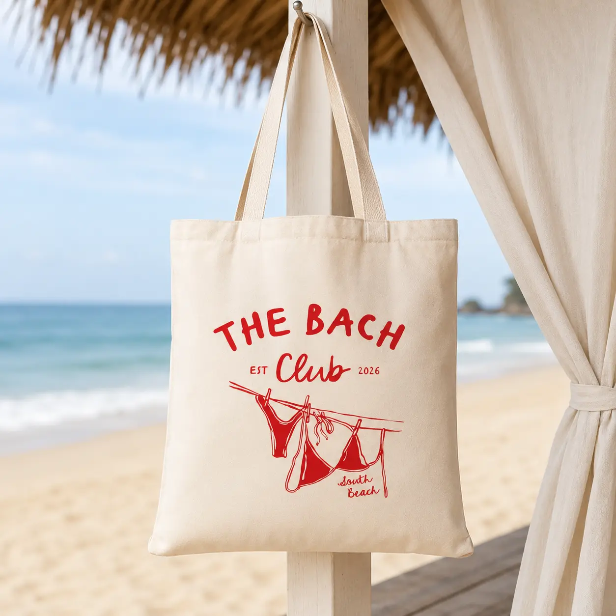 RodyThread Bachelorette Tote Bag The Bach Club South Beach Canvas Tote with Hand-Drawn Bikini Illustrations Personalized Bridesmaid Gift Beach Party Goodie Bag Bridal Shower Favors Miami Hen Party Tote