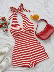 Women's Vacation Red And White Striped Knitted Texture Deep V Neck Tied Waist Jumpsuit, Slim Fit, Suitable For Party, Valentine's Day, Date, Layering, Christmas, Beach, Carnival, Easter, Boho Vocation