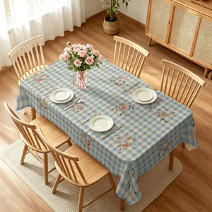 French Garden Blue Plaid Floral Tablecloth, Soft Blue Milky White Plaid with Exquisite Floral Prints, Stain-proof, Wrinkle-resistant and Non-ironing Tablecloth, Suitable for Restaurant, Kitchen, Cafe and Farmhouse Style Home Decoration.