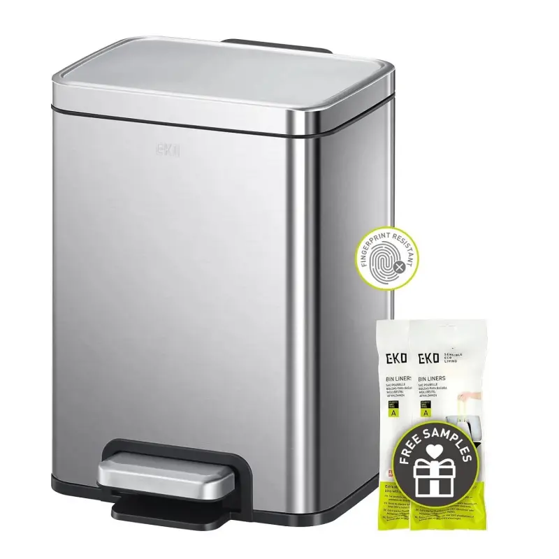 Solid Brushed Stainless Steel & Plastic Bathroom Step Trash Can for Bathroom Use - 6L/1.6 Gal Rectangular Bin, Single Unit with Lid, Removable Basket, Rubber Grip, Step Pedal Lid