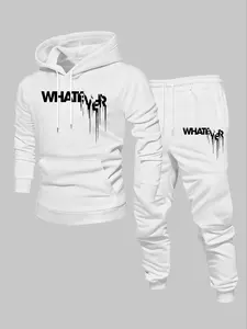 Men's Fall Winter Minimalist Graffiti Hoodie Set, Casual Fashion, Perfect for Daily, Sports Fitness, Home Relaxation