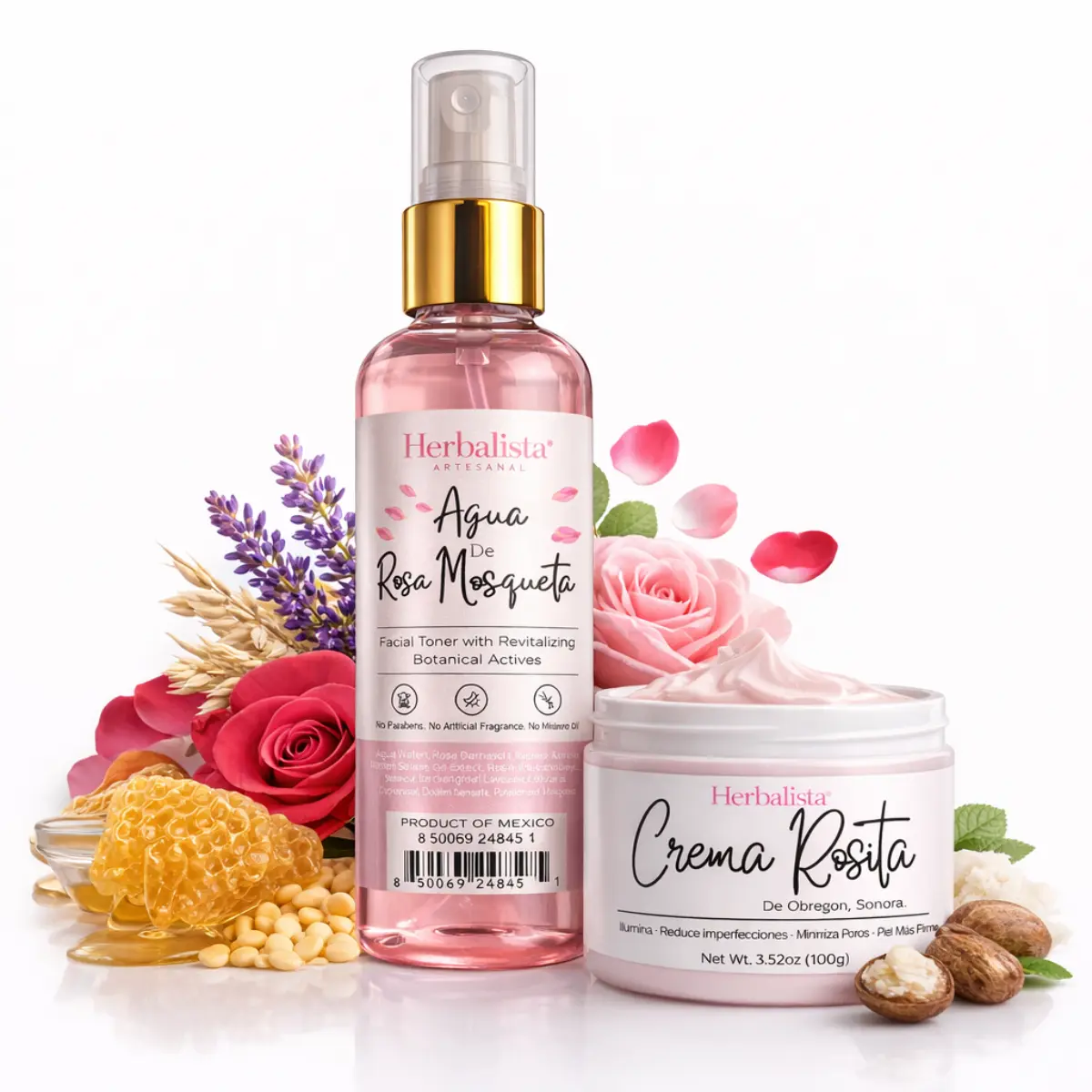 Herbalista La Original Crema Rosita de Obregón Glow Bundle, 2-Piece Skincare Set with Rose Water Toner & Hydrating Shea Cream for All Skin Types, Beeswax, Dewy, Nourishing, Brightening