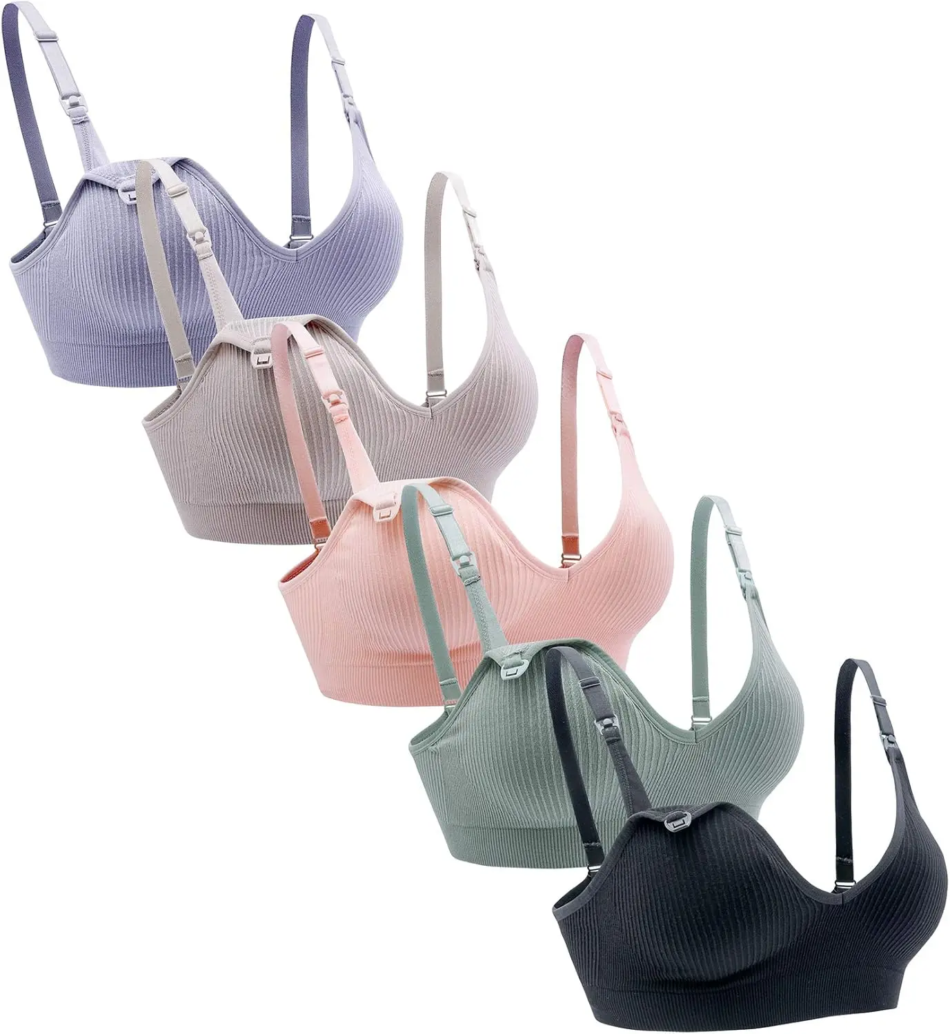 Women's 5-Pack Wireless V Neckline Maternity Nursing Bralette, Low Cut Sleeping Breastfeeding Bra with Extenders, Maternity Wear for Wireless Fit Comfort