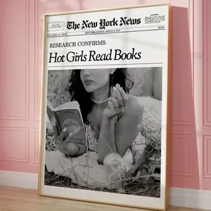 Trendy Newspaper Print, Hot Girls Read Books, Retro Newsprint Headline Poster, Booktok Apartment Decor, Preppy Wall Art