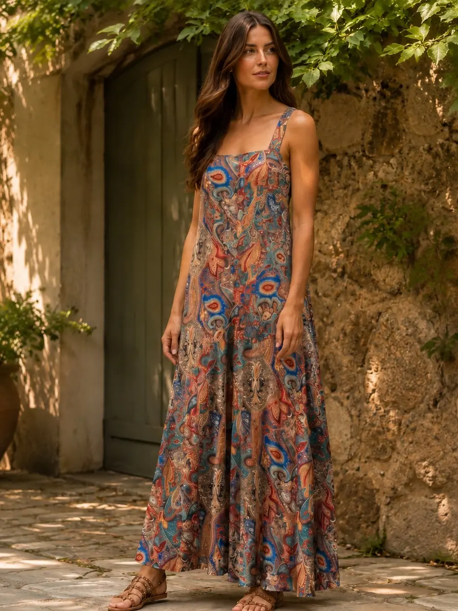 Women's Chic Bohemian Paisley Palazzo Jumpsuit-Overalls, Sleeveless Polyester V-Neck Spaghetti Straps, Loose Style for Everyday Casual Wear & Accessorizing, Accessories