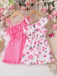 Girl's Plaid/Floral Print Ruffle Trim Romper, Casual Sleeveless Romper for Summer, Kids Clothes for Daily Wear, Baby Girl Clothes