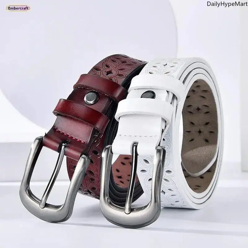 Funky Glamorous Peppy Genuine Cowhide Leather Belt - Adjustable Hollow Cutout Multiple-Hole Clothes Accessory for Jeans, Dresses