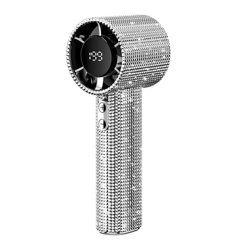 Diamond-Shimmering Luxury Fan-A Portable Handheld Turbo Fan 3 Gear Wind Rechargeable Long Battery Life Hand Fan With Digital Display For Outdoor Activities Travel Office Strong Boosting Output Long Distance Blowing
