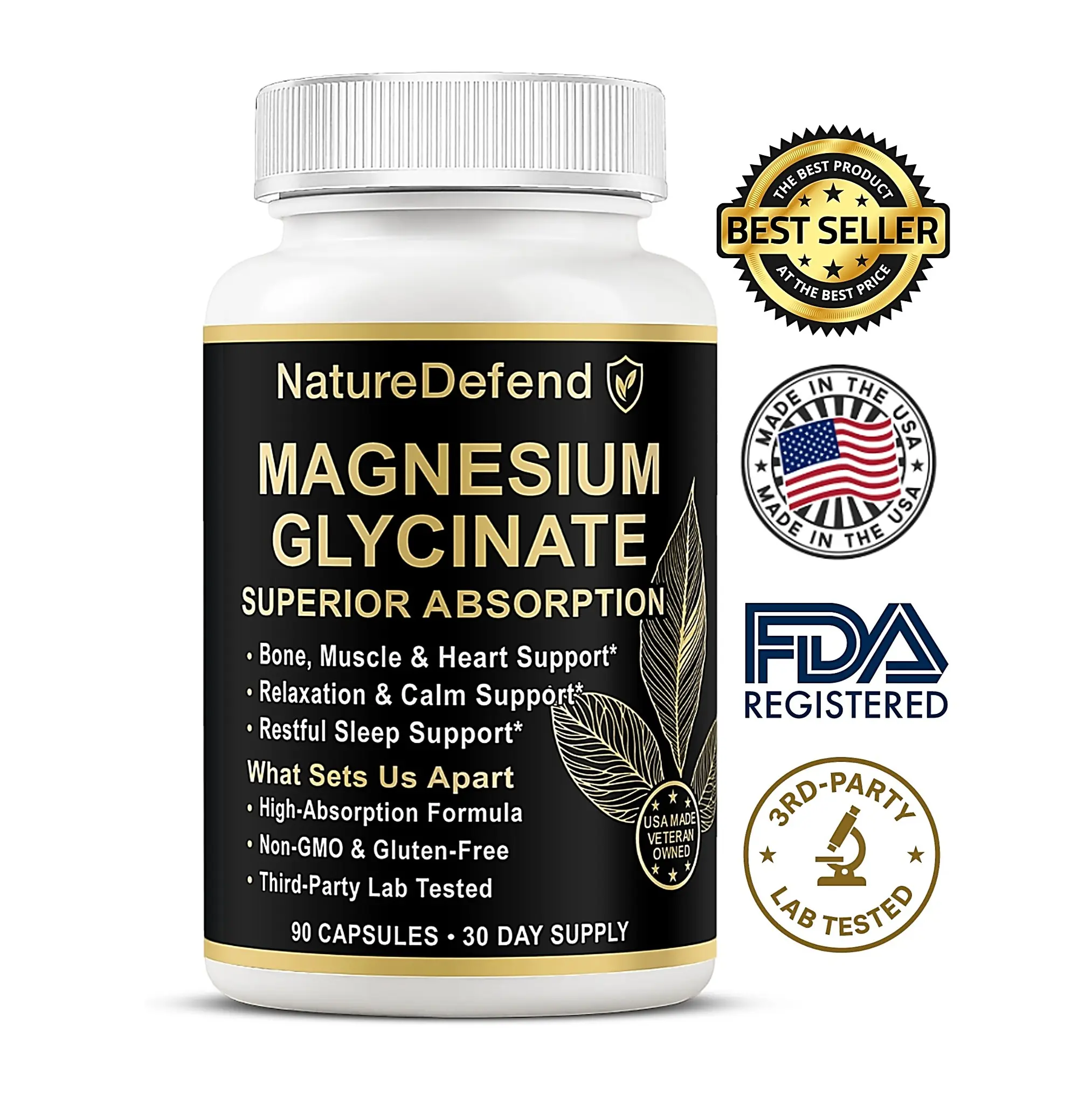 NatureDefend Magnesium Glycinate 2500mg | Veteran‑Owned | Superior Absorption for Muscle, Bone & Sleep Support | 90 Capsules | USA‑Made Healthcare Calcium
