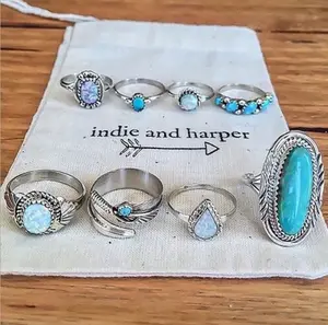 Boho Turquoise Opal Ring Set - 8 Piece Adjustable Jewelry Collection