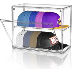 1 Pack Clear Hat Box Storage, Baseball Cap Organizer, Acrylic Hat Display Case with Removable Compartment, Stackable Plastic Hat Holder Box with Magnetic Lid