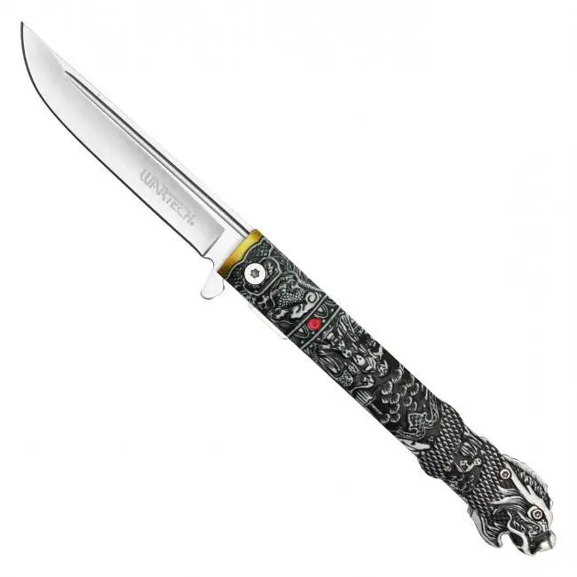 Japanese Dragon Pocket Knife – Oni Mask Artwork – Samurai Inspired Folding Knife – Asian Art Collectible – Assisted Opening – Warrior Gift