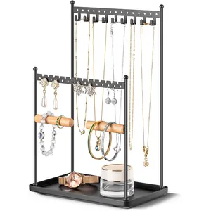 Stand Necklace Holder Organizer  3-Tier  Display Rack with Storage Tray  Holds 22 Pairs of Earrings, Bracelets, Rings, Necklaces   for Girls & Women, Black