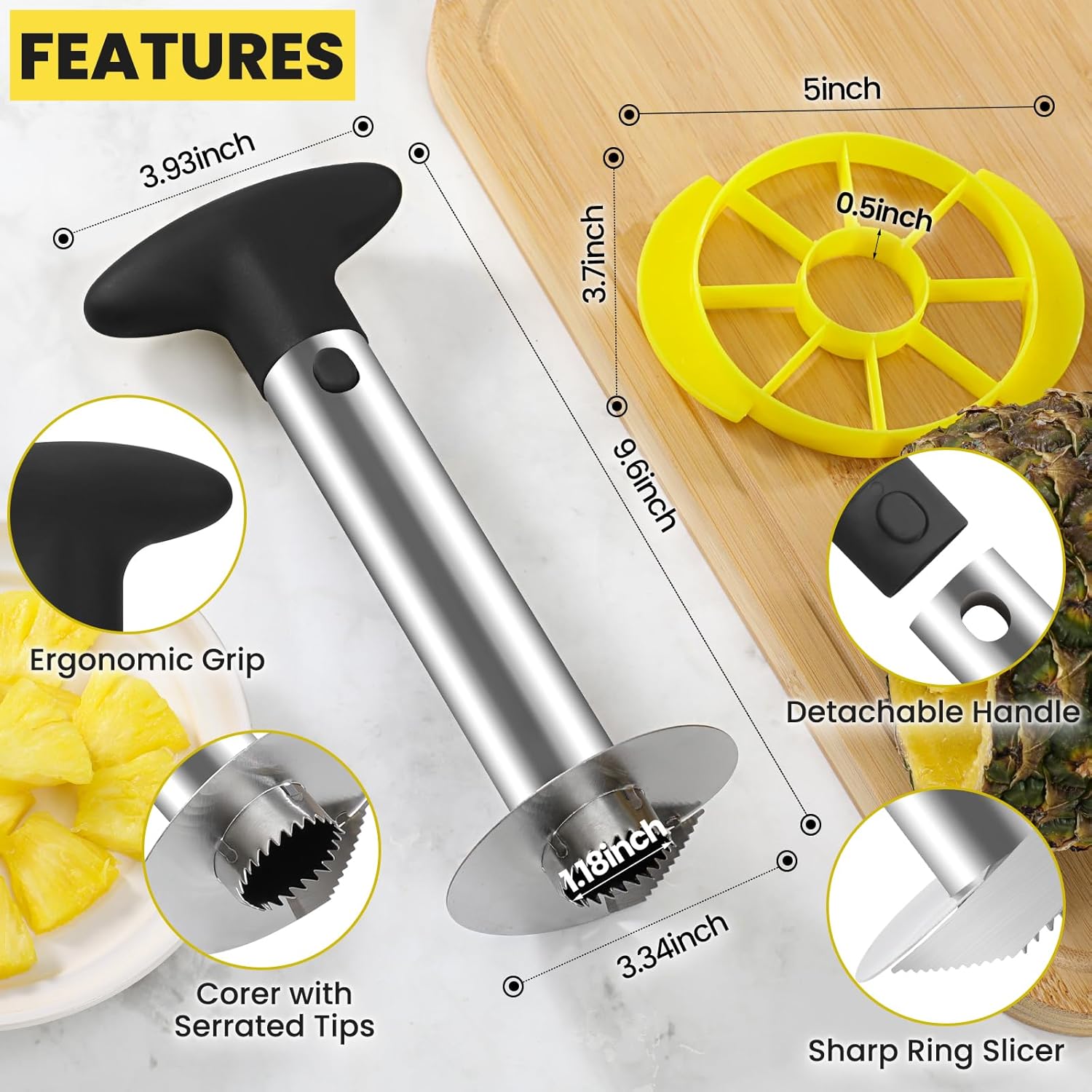 Pineapple Corer and Slicer Tool - Pineapple Cutter with Sharp Serrated Tips - Easy to Use & Clean - Stainless Steel Core Remover for Pineapple - Slice and Core Fruits with Ease(Black)