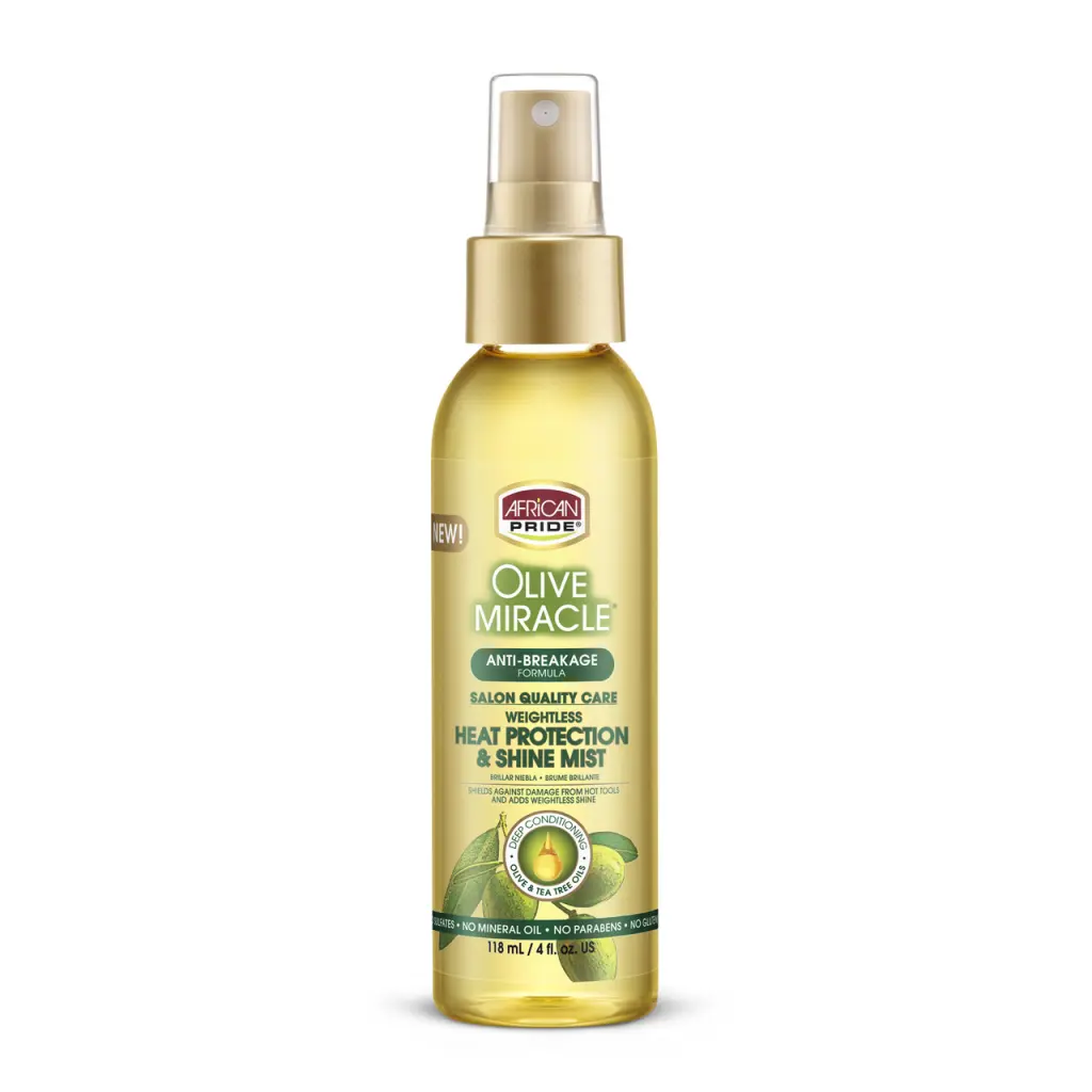 African Pride Olive Miracle Heat Protectant & Shine Mist, 4 oz Unisex Haircare Serum with Tea Tree Oil - Biotin, Formaldehyde-Free, Phthalate-Free Leave-In Treatment, Silkening Tool, Frizz Control, Nourishing, Weightless Formula (Heat Protection Included)